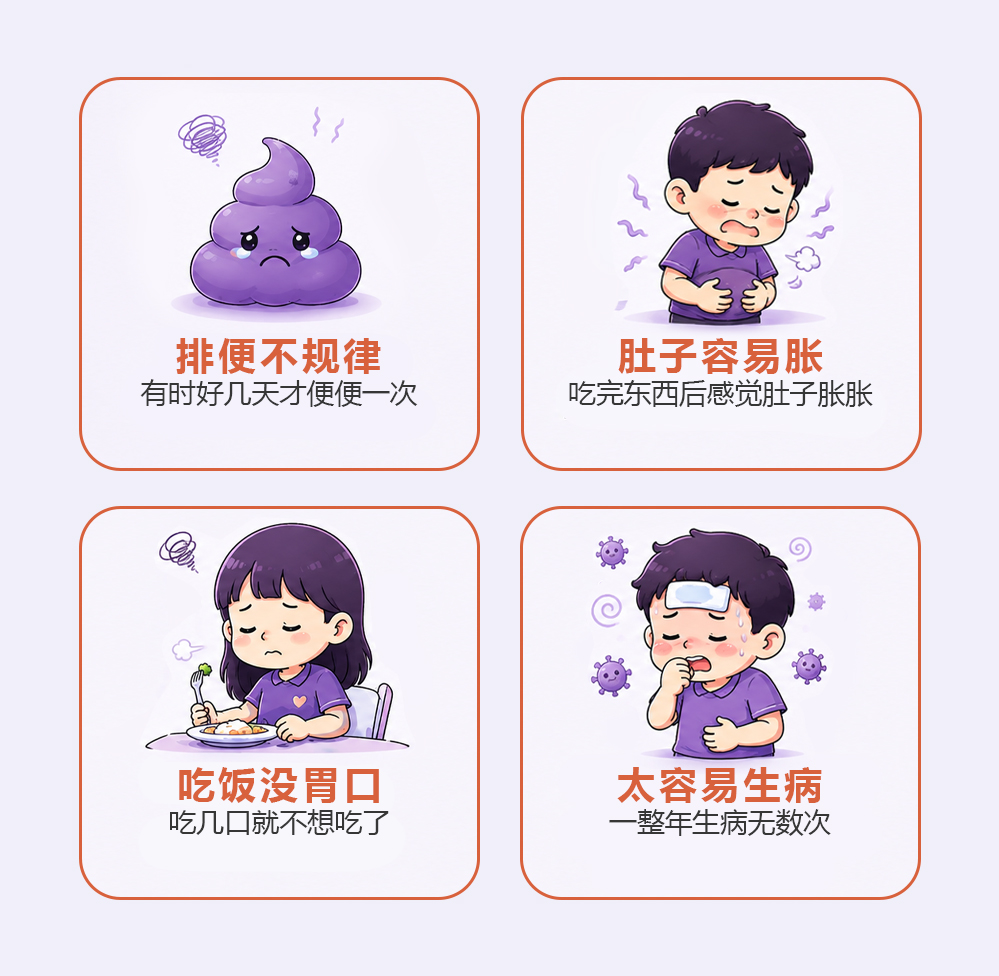 肠道健康不佳的常见症状,包括排便不规律、经常肚胀、食欲不佳和容易生病