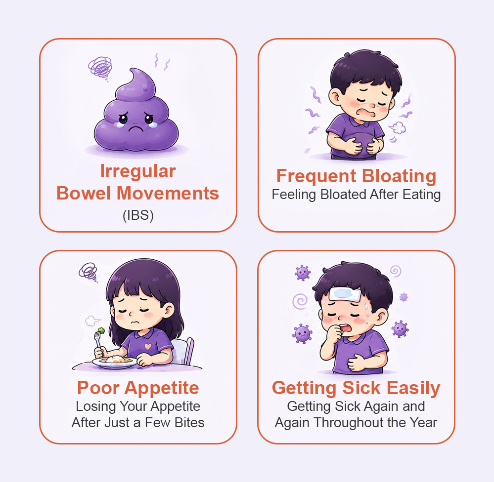 Common signs of poor gut health, including irregular bowel movements, frequent bloating, poor appetite, and getting sick easily
