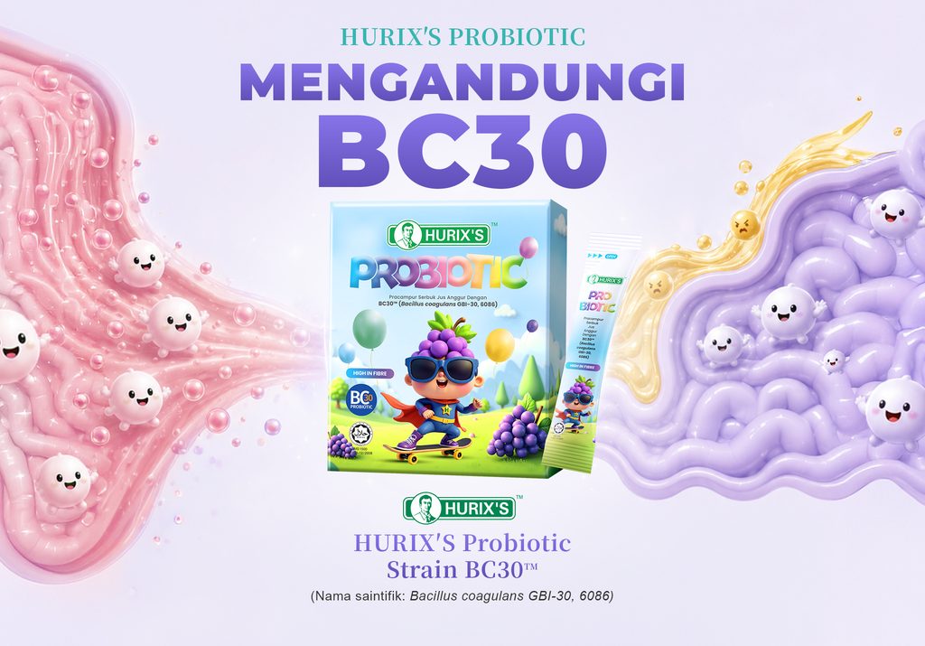 HURIX'S PROBIOTIC mengandungi strain BC30™ Bacillus coagulans GBI-30, 6086
