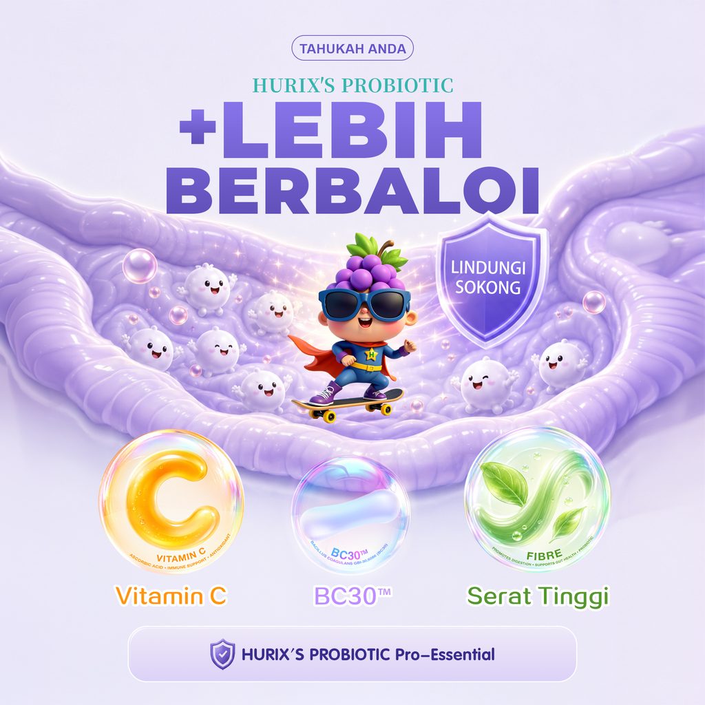 HURIX'S PROBIOTIC dengan BC30™, Vitamin C dan serat tinggi untuk sokongan kesihatan usus