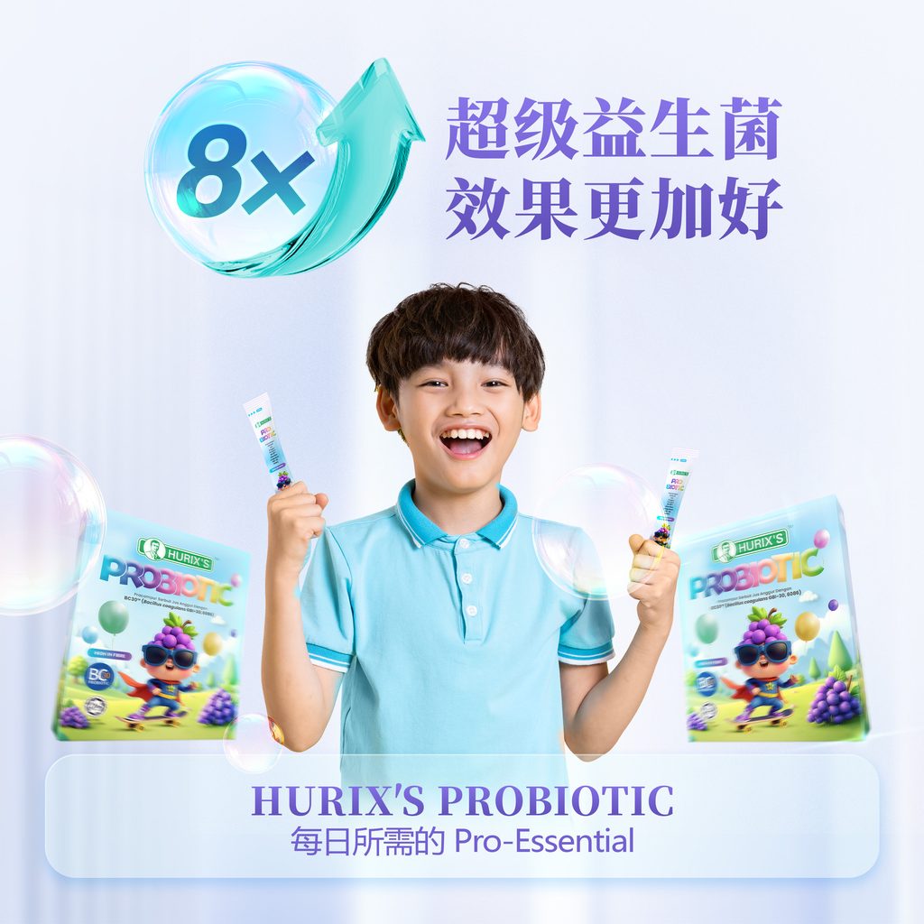HURIX'S PROBIOTIC BC30™ 8倍保护,搭配产品包装与每日所需的Pro-Essential