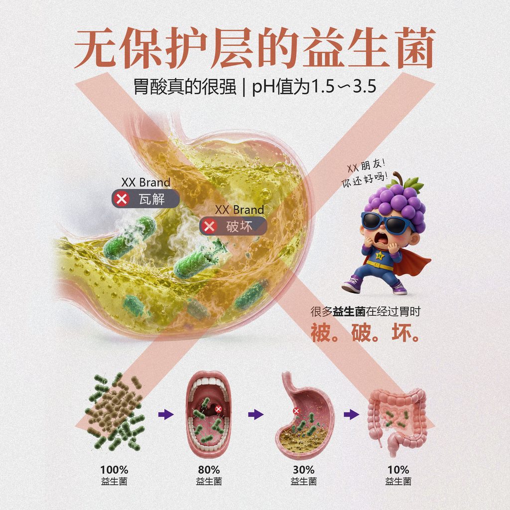 没有保护层的益生菌经过胃酸环境