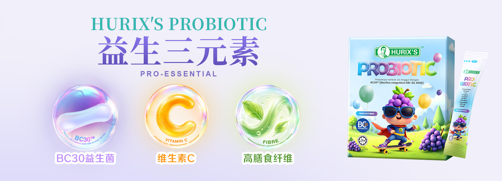 HURIX’S PROBIOTIC:美国专利BC30™、维生素C与高膳食纤维三效配方
