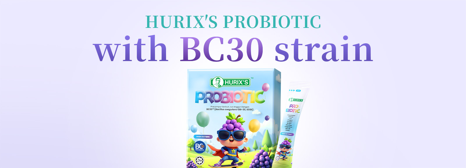HURIX'S PROBIOTIC containing BC30 strain with box and sachet