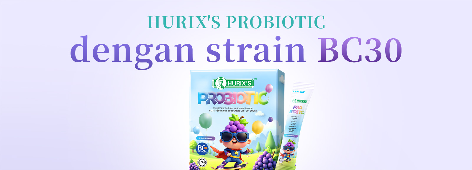 HURIX'S PROBIOTIC containing BC30 strain with box and sachet