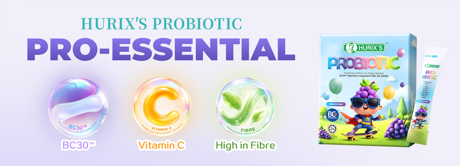 HURIX'S PROBIOTIC three core ingredients BC30 strain Vitamin C and high dietary fiber with product packaging